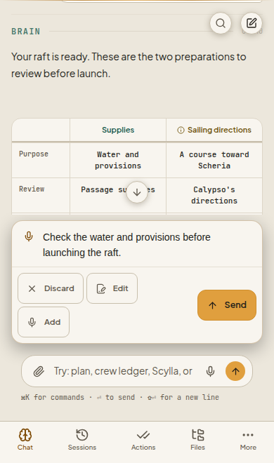 Brain dictation review with staged text and review controls.